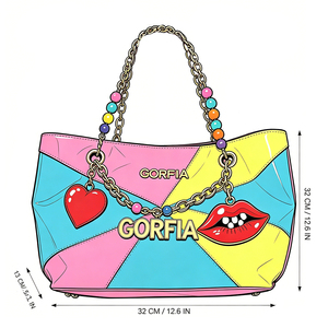 Women Color Block Patent PU Leather Tote <b>Bag</b> Chain Beaded Handle Large Capacity Shoulder Handbag Fashion <b>Patchwork</b> Daily <b>Bag</b> - Product Image 5