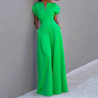 Combinaisons à manches courtes de couleur unie avec taille haute, coupe ample, style décontracté, design à jambes larges
