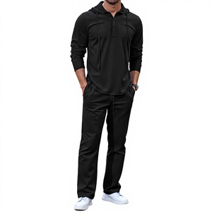 Long Sleeved Men's <b>Set</b> New Casual <b>Knitted</b> Cotton Hooded T-Shirt Pants Solid Color Outdoor Anti-pilling 220g Plain Dyed Versatile - Product Image 3