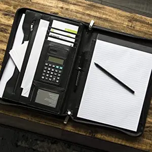 Black Premium Vegan Leather Business Portfolio With Zipper Padfolio With Solar Calculator And Writing Pad