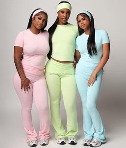 Y2k Quần Áo Phụ Nữ Tùy Chỉnh Cotton Skinny Raglan Dài Tay Áo T Áo Sơ Mi Và Gấp Trên Bùng Quần Xà Cạp Phụ Nữ 2 Mảnh Phòng Chờ Bộ - Product Image 2
