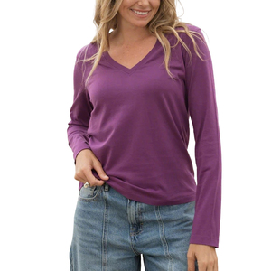 <span class=keywords><strong>T</strong></span>-shirts pour femmes de haute qualité à col en V et manches longues, personnalisés, 100% coton, solides, vente en gros, fabricant, <span class=keywords><strong>t</strong></span>-shirts décontractés pour femmes - Product Image 5