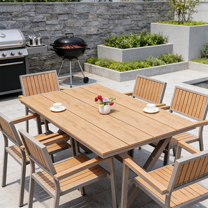 Set Tavolo da Pranzo per Esterni Tavolo Lungo <span class=keywords><strong>con</strong></span> Struttura <span class=keywords><strong>in</strong></span> Alluminio e Legno Sintetico Arredamento da Giardino per Ristoranti e Hotel - Product Image 2