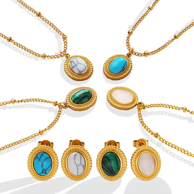 New Bohemian Fine Jewelry Necklaces 18 k Gold Plated Stainless Steel Gemstone Pendant Necklace and Earrings Set