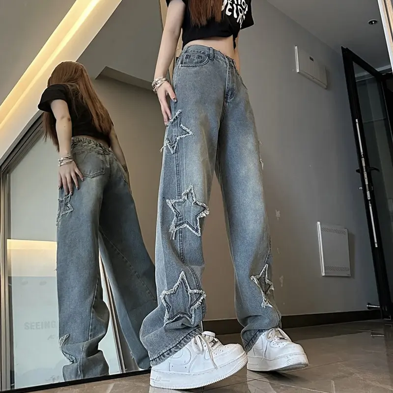Y 2K Vintage Dames Koreaanse Streetwear Oversized Ster Esthetische Rechte Broek Wijde Pijpen Jeans Grunge Hiphop Denim Broek Kleding