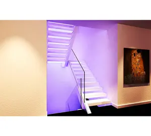 隐形墙侧纵梁发光二极管便携式楼梯轻钢梁浮动楼梯钢木阁楼楼梯，带格栅设计