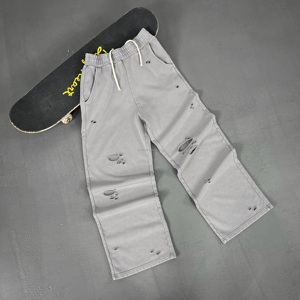 Custom Logo 420G Distressed Ripped Destroyed Snowflake Washed Retro Men's Mid Flat Formal Long <b>Pants</b> Embroidered Techniques - Product Image 3