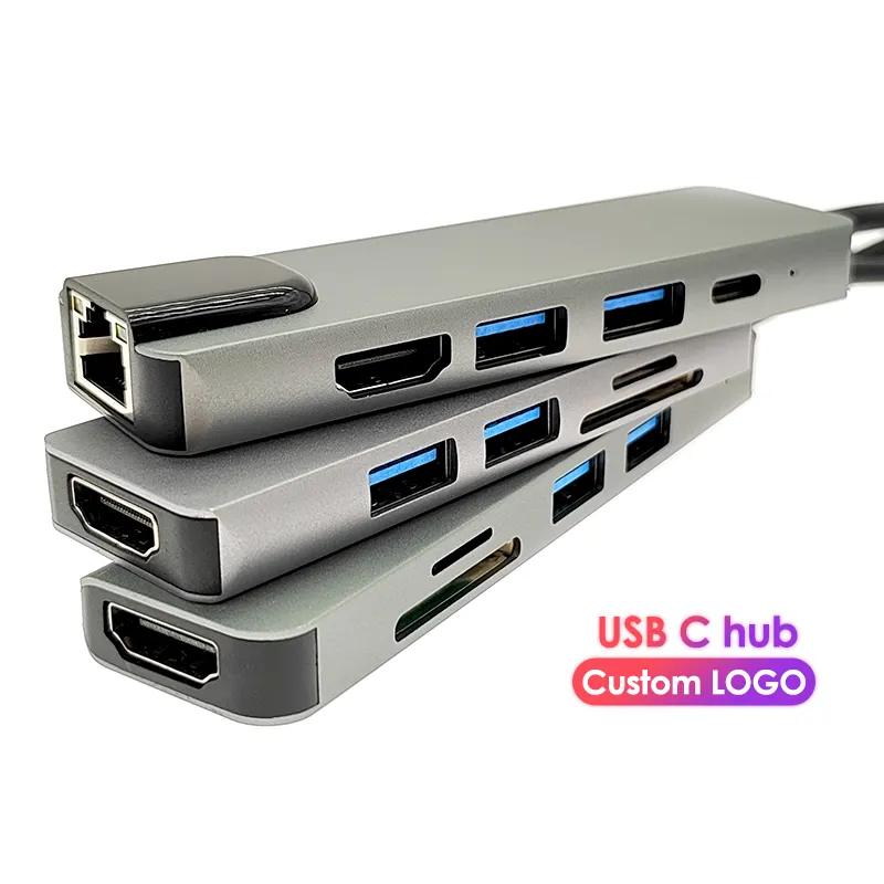 Özel logo multiport adaptörü 4k tip-c hub hdmi ile ethernet 4 5 6 7 8 in 1 tip usb c macbook için hub