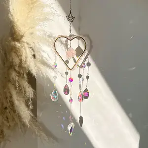 Rose Quartz Heart Shape Sun Catcher Hanging Window Crystal Prism Suncatcher Rainbow Maker Glass Crown Charm Wedding Souvenir