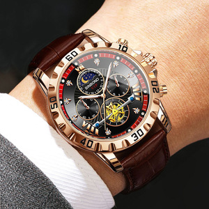 Binbond Men's Watch Analog Chronograph Moon Phase Luminous Hands <b>Date</b> 30M Waterproof Brown Leather Strap - Product Image 3