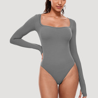 Combinaison une pièce moulante et extensible pour femme, col carré, manches longues, avec passe-pouces, idéale pour le sport et le yoga, vente en gros