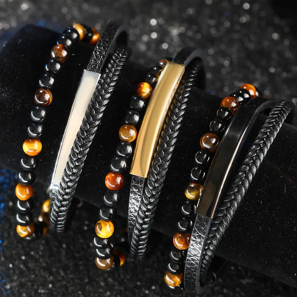 Fashion Handmade Men Natural Stone Feng Shui Braided Leather Bracelet Magnetic Clasp Leather Bracelet For Men