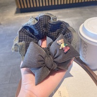 Chouchou pour femme extra large, style coréen rétro, à carreaux gris, avec nœud en dentelle, fait main, haute élasticité, style féerique, marque SR, pour chignon