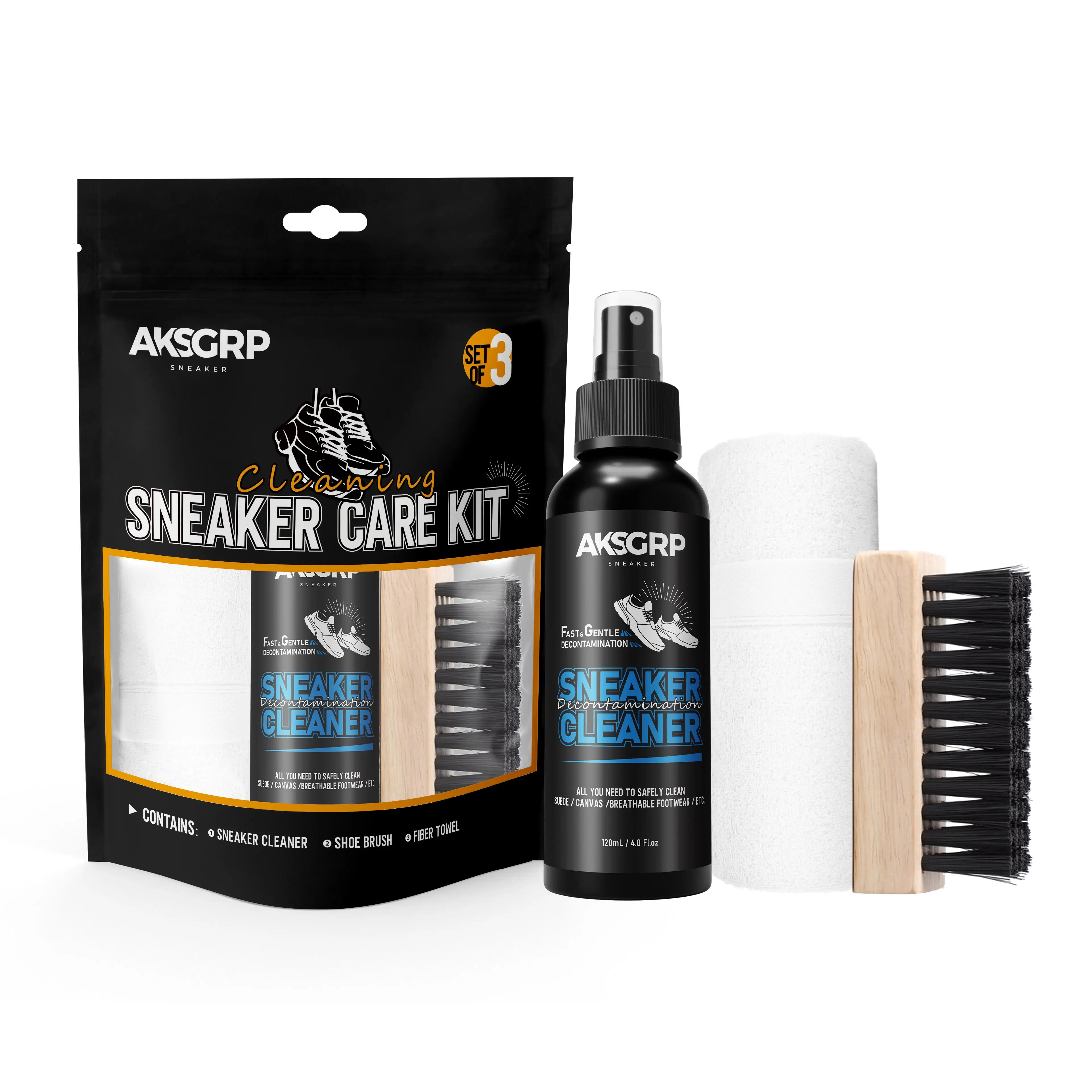 AKSGRP high quality cleaning shoe 3in1 with brush cleaner shoe care kit in oem bag Shoe cleaning