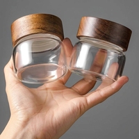 Pot en verre borosilicate transparent à large ouverture avec couvercle en bois d'acacia personnalisé, couvercle fileté en noyer fait main, pot en verre de 3 oz (90 ml) avec couvercle en bois