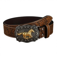 Ceinture en cuir PU style western américain avec boucle rétro en alliage, motif herbe à cheveux de biche, tête de cheval et tête de veau à longue corne embossées