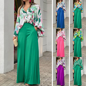 Nuovo 2022 estate ampia da <span class=keywords><strong>donna</strong></span> ampia <span class=keywords><strong>camicia</strong></span> Casual stampata pantaloni larghi due pezzi Set completo Drop Shipping Hot Sell - Product Image 2