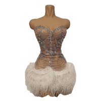 Robe moulante sexy sans bretelles à strass brillants pour femme, idéale pour les soirées et clubs, avec ourlet en plumes blanches, taille naturelle, pour chanteuse de nuit - Nouvelle collection très prisée