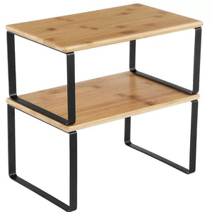 <b>Kitchen</b> Storage <b>Rack</b> 2 Tier Bamboo Wood With Metal Frame For Pantry Counter Organization - Product Image 4