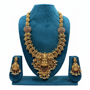 Traditional South <b>Indian</b> Temple Long Bridal Necklace Set Alloy Gold Plated Zircon Earrings Vintage Wedding Engagement - Product Image 2