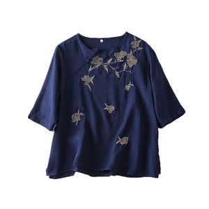 Women's Embroidered Short Sleeve <b>Top</b> Navy Blue Cotton <b>Linen</b> Vintage Style Everyday Wear - Product Image 5