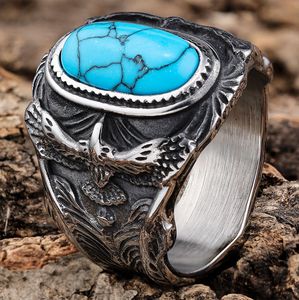 Bague d'aigle pour homme de style vintage antique |   Acier inoxydable avec incrustation de turquoise |   Styles masculins audacieux et rustiques - Product Image 1
