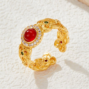 MyMuYu Red Agate Filigree Open Ring Gold Plated Adjustable Index Finger Band Cultural Collectible Jewelry - Product Image 4