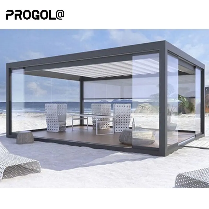 Pergola desain taman mewah mewah atap louvered luar ruangan tahan cuaca aluminium dapat ditarik lengkungan bermotor arbours Pergola