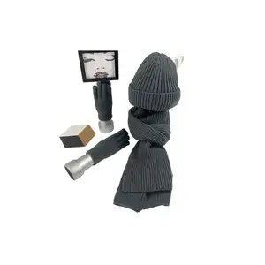 Toptan özel Logo kış sıcak termal örgü katı eşarp eldiven şapka bere kadınlar ve erkekler için Set dokunmatik ekran eldiveni