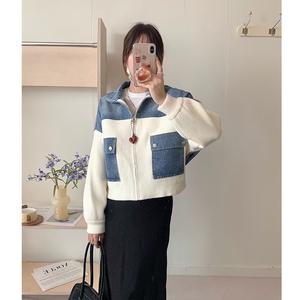 Chaqueta de suéter de retazos de <span class=keywords><strong>vaquero</strong></span> para <span class=keywords><strong>mujer</strong></span>, nuevo cárdigan de punto versátil corto y elegante para Otoño e Invierno - Product Image 3