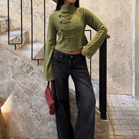 Cardigan en tricot à col roulé pour femme, style chinois avec boutons grenouille, manches longues, patte de boutonnage oblique, coupe ajustée et courte, 100% Polyester respirant