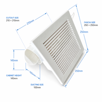 Ventilateur d'extraction de plafond pour salle de bain, durable, CR210YA2, 100 CFM, silencieux 42 dB, moteur AC 35 W, 120 V, fascia 250 mm
