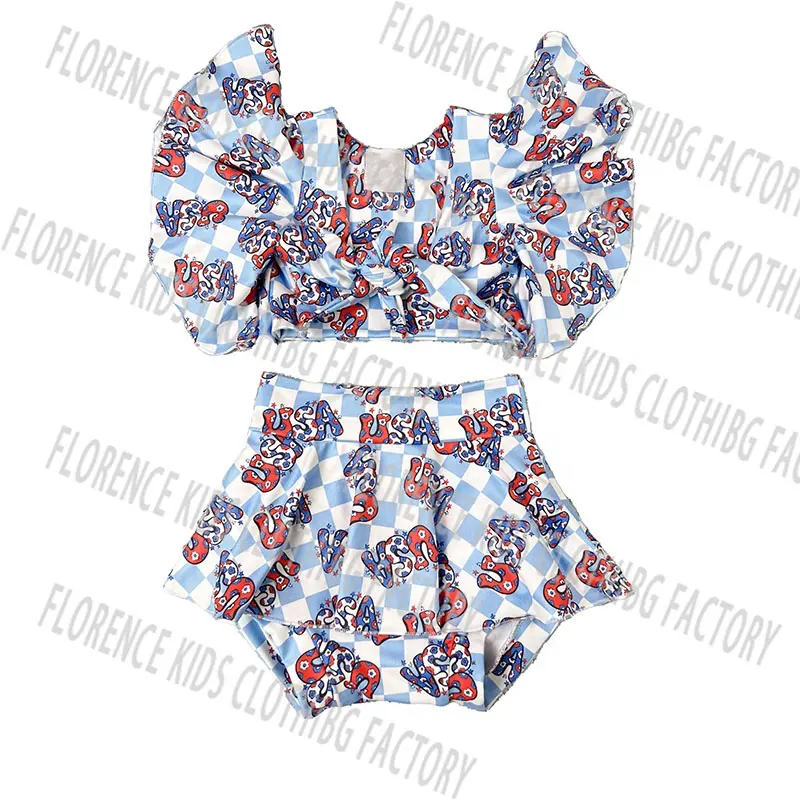 DH ODM custom USA 4th of july flutter sleeve top skirt shorts toddler baby 2piece sets girl outfits 2024