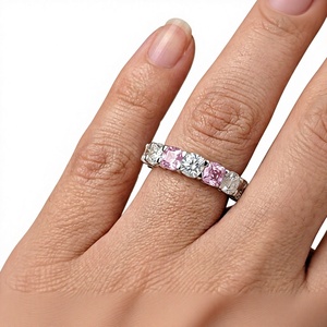 Solid 14K White Gold Pink White Moissanite Seven Stone Minimalist Cushion Wedding Band Stackable Anniversary Promise Gift Ring - Product Image 1