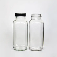 Bouteille en verre carrée miniature bon marché de 12 oz pour boissons gazeuses, contenant pour jus pressé avec bouchon noir, bocal en verre