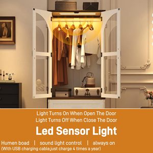 Armario SENYU Estilo Rústico Blanco con Puertas de Vidrio Arqueadas, Armario con Luces LED y Barra para Colgar, Mueble de Almacenamiento de Madera para Dormitorio - Product Image 4