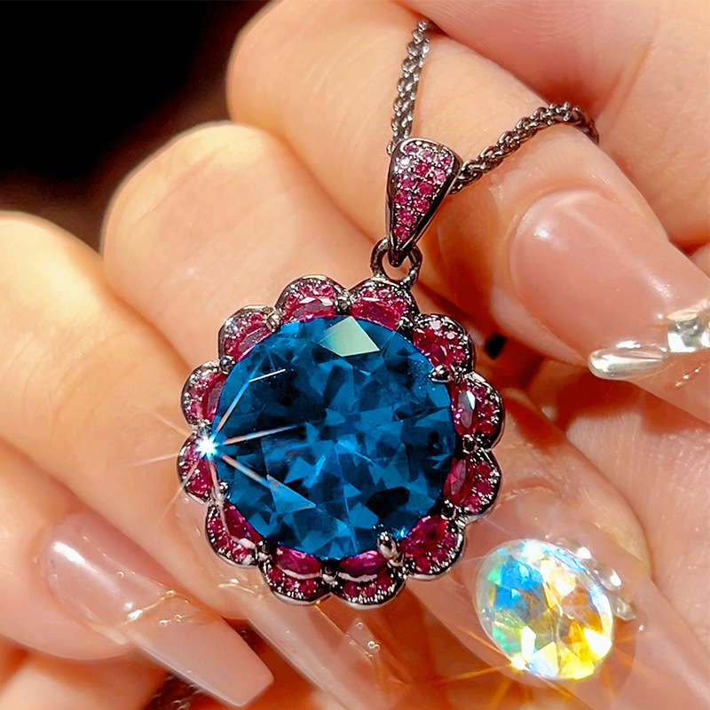 Black gold Blue pointed crystal pendant with Chopin chain