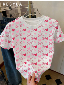 T-shirt da donna Resyla girocollo vestibilità ampia manica corta stampa cuore stile Y2K primavera estate in jersey di cotone - Product Image 3