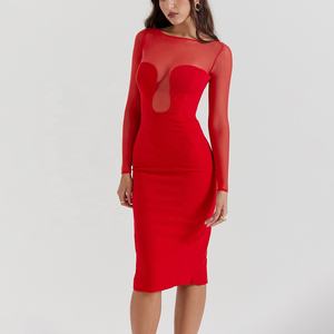 Abito Midi Scollato Rosso Acceso, Outfit Sexy per Appuntamenti, Preferito dalle Blogger di Moda, Must Chic per il Guardaroba, Abiti OEM - Product Image 4