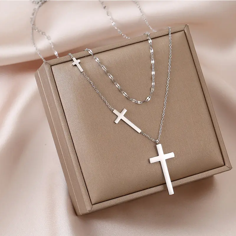 Модные христианские религиозные украшения без тусклого выцветания из нержавеющей стали 18K позолоченный крест кулон двухслойные ожерелья Joyas