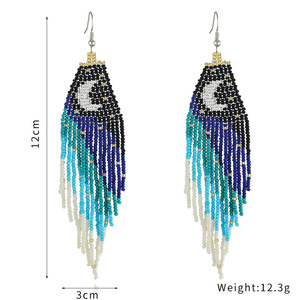 Bijoux bohèmes faits à la main pour femmes mode BOHO lune étoile conception goutte frangée gland Miyuki graines de riz perles boucles d'oreilles - Product Image 3