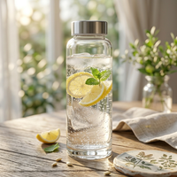 Bouteille d'eau en verre borosilicate transparent de 24 oz avec couvercle en acier inoxydable, gourde de sport étanche à large ouverture pour eau gazeuse