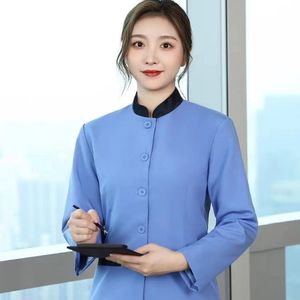 Hotel Cleaning Uniforms Short Sleeve Light Blue Cotton Women's Workwear - Product Image 2