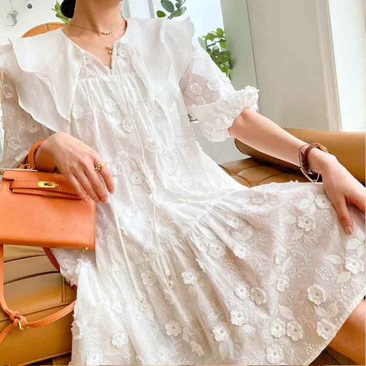 The New Listing 3D Embroidered Flower Short Sleeve High Quality Sweet Lady Mini Dress Double Layered Shaped Women Dresses