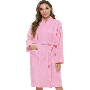 Bata de Baño de Felpa para Mujer, Manga Larga, Cuello en V, Largo hasta la Rodilla, Suave y Cómoda, 100% Algodón, Color Rosa - Product Image 1