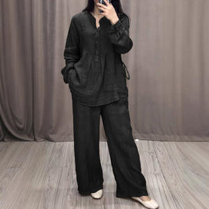 ชุดเซ็ต 2 ชิ้น เสื้อแขนยาวผ้าคอตตอนผสมลินินใส่สบายสำหรับผู้หญิง พร้อมกางเกงขายาวทรงกว้างผูกเชือก สไตล์ลำลอง แฟชั่น Sehe - Product Image 2