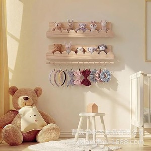 Solid Wood Wave Shaped Wall Mounted <b>Shelf</b> With <b>Hooks</b> For Childrens Room Toy Storage Organizer Natural Color Rectangle Shape - Product Image 2