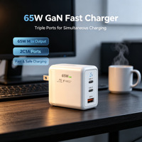 Chargeur mural GaN 65W double Type-C PD QC3.0, chargeur rapide, prise US, adaptateur de voyage compact pour ordinateur portable, smartphone, tablette, écouteurs