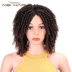 Aisi Wig Sintetik Pendek Wanita, Rambut Palsu 14 Inci Rambut Gimbal Lembut Ombre Hitam Cokelat Crochet Kepang