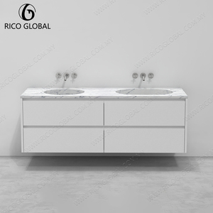 Meuble-lavabo mural moderne avec plateau en marbre, vasque en céramique, design rectangulaire minimaliste de 60 pouces, tiroirs à fermeture douce - Product Image 4